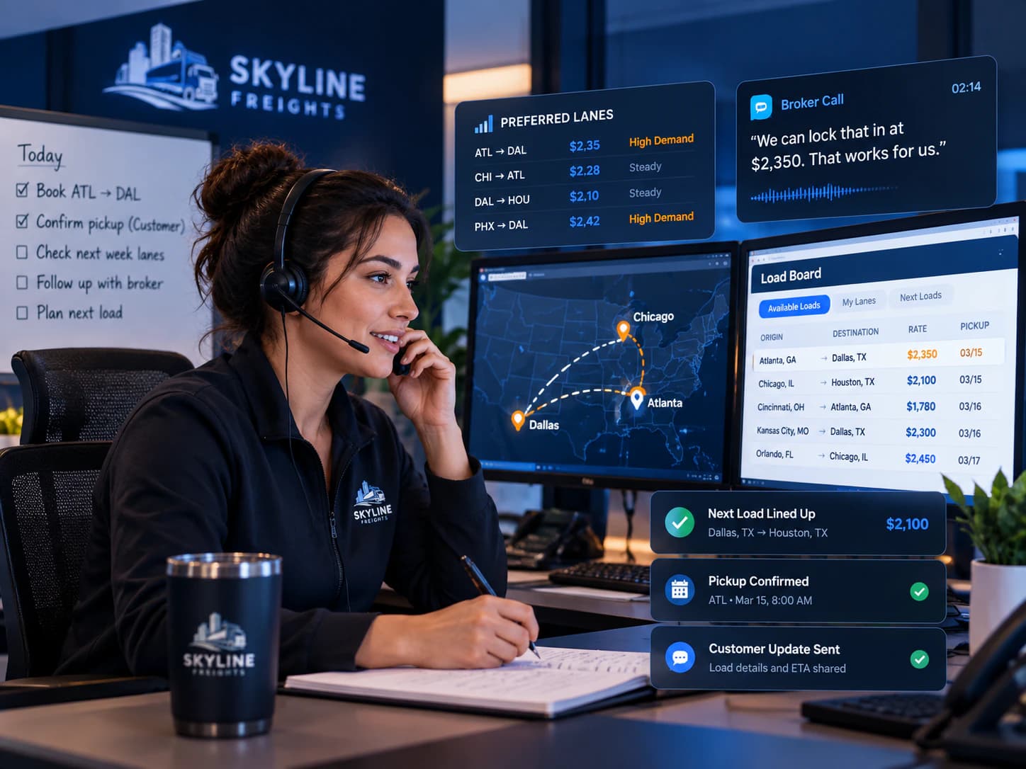Skyline Freights dedicated dispatcher negotiating freight rates, planning owner-operator lanes, and coordinating loads with brokers and customers