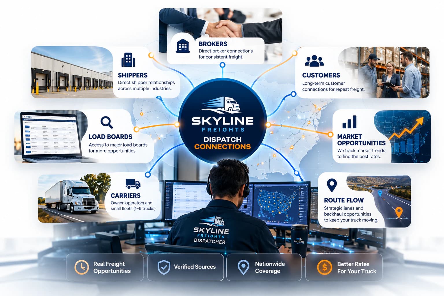 Skyline Freights dispatch ecosystem connecting brokers, shippers, customers, load boards, carriers, and freight market opportunities