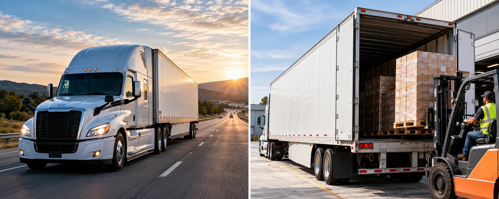 Dry van truck traveling on a highway and enclosed freight being loaded by forklift at a warehouse