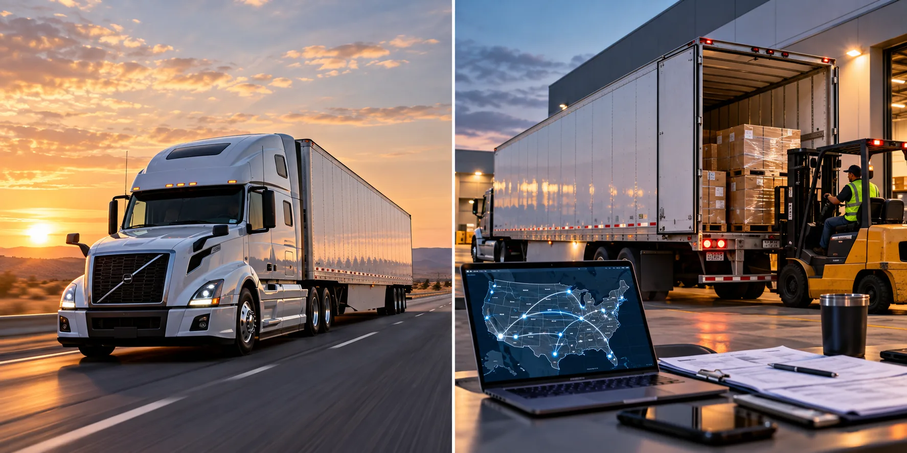 Dry van dispatch planning with a truck in transit, warehouse loading, and a route map used for lane and reload decisions