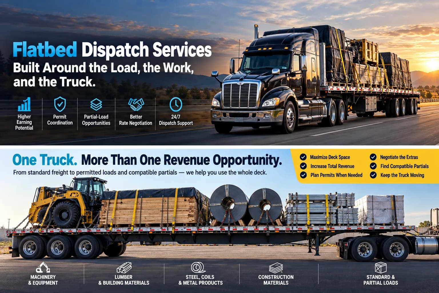 Flatbed freight and compatible partial-load opportunities using available deck capacity