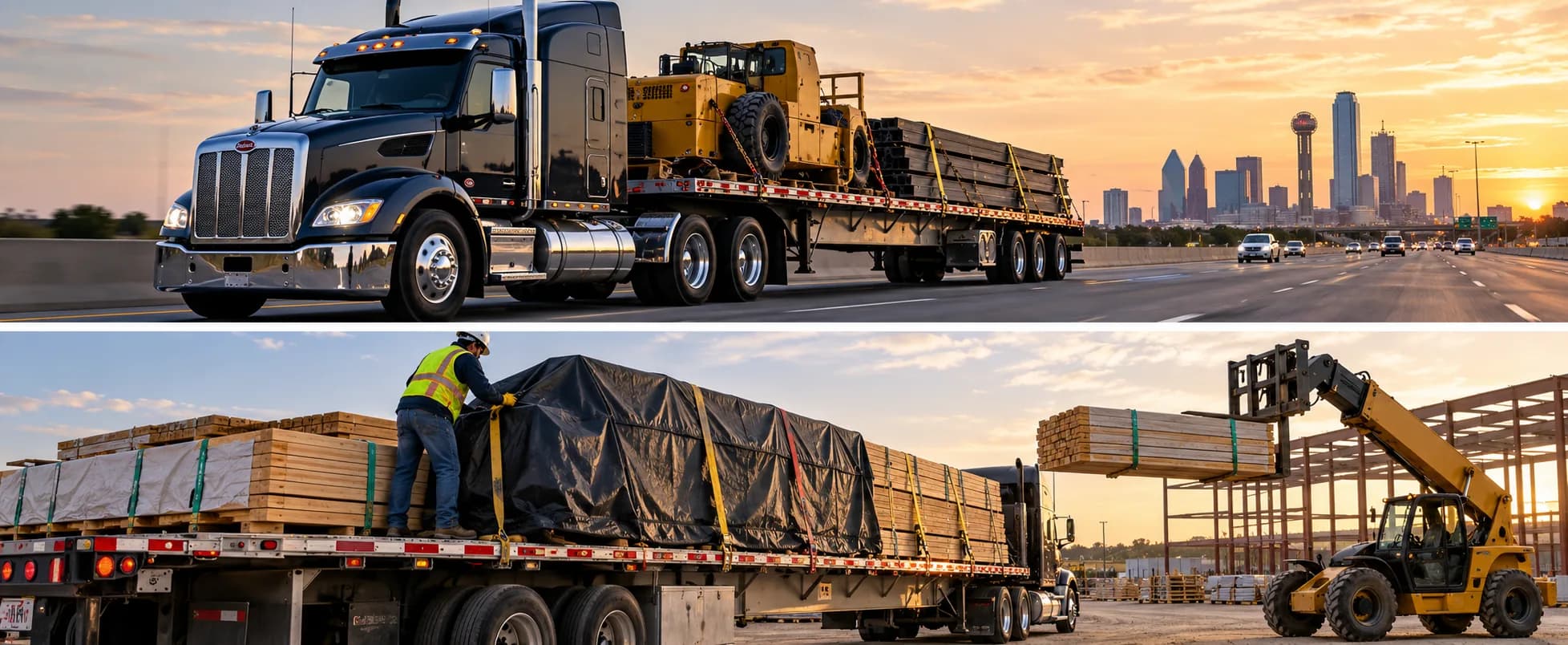 Flatbed truck carrying machinery and building materials with jobsite loading operations
