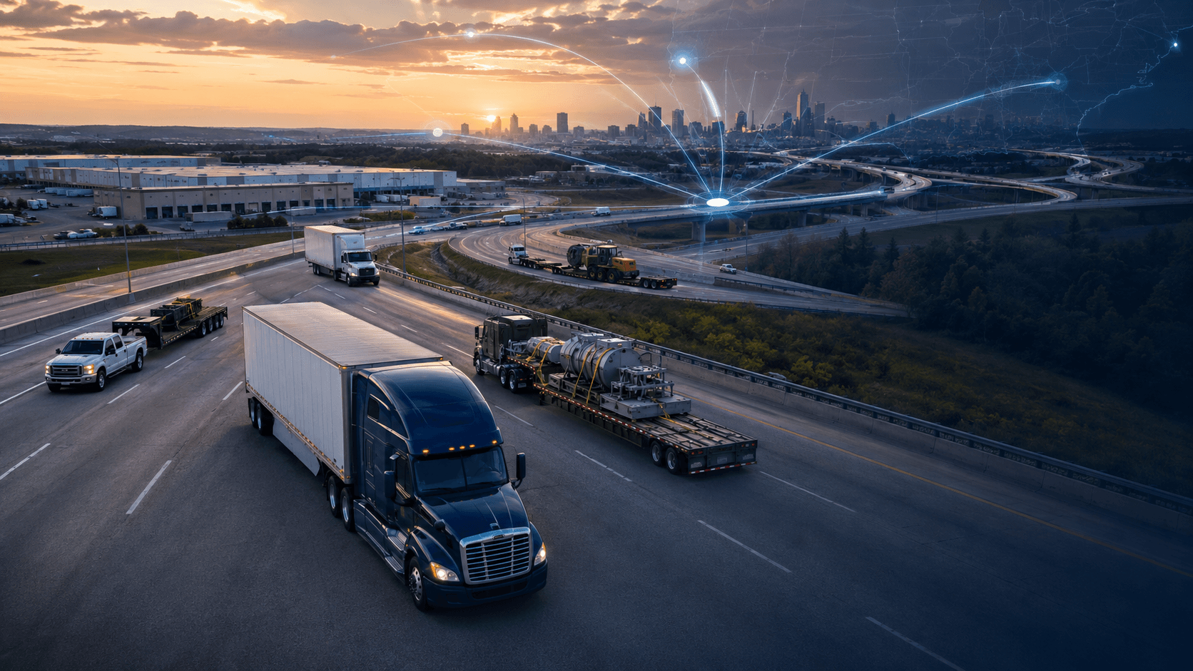 Trucks on U.S. freight lanes representing equipment fit and lane-strategy planning