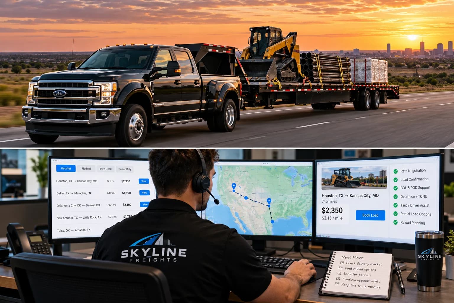Hotshot pickup hauling machinery and partial freight with a Skyline dispatcher planning the route and reload