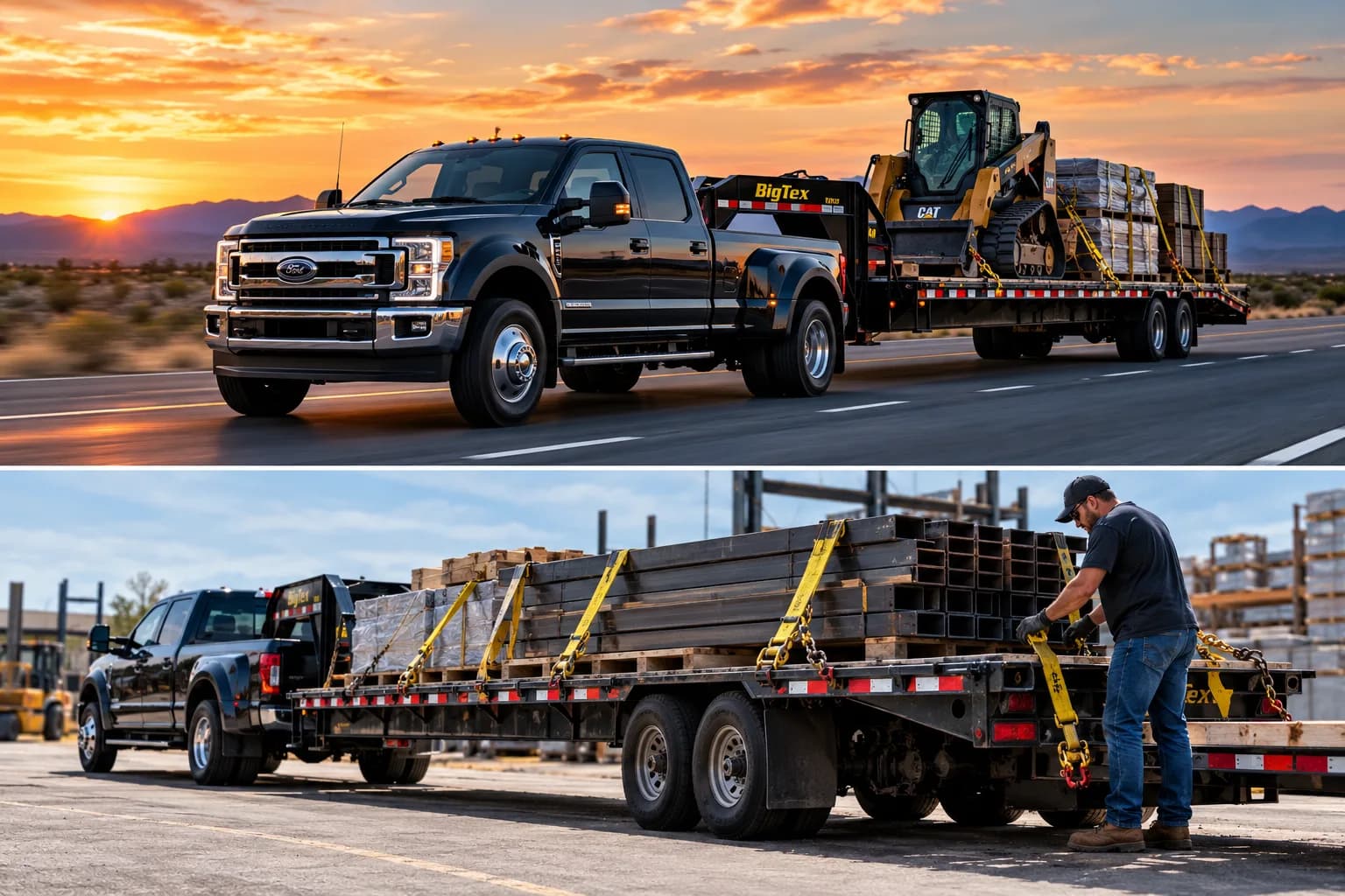 Hotshot pickup and gooseneck trailer hauling equipment with a driver securing industrial freight