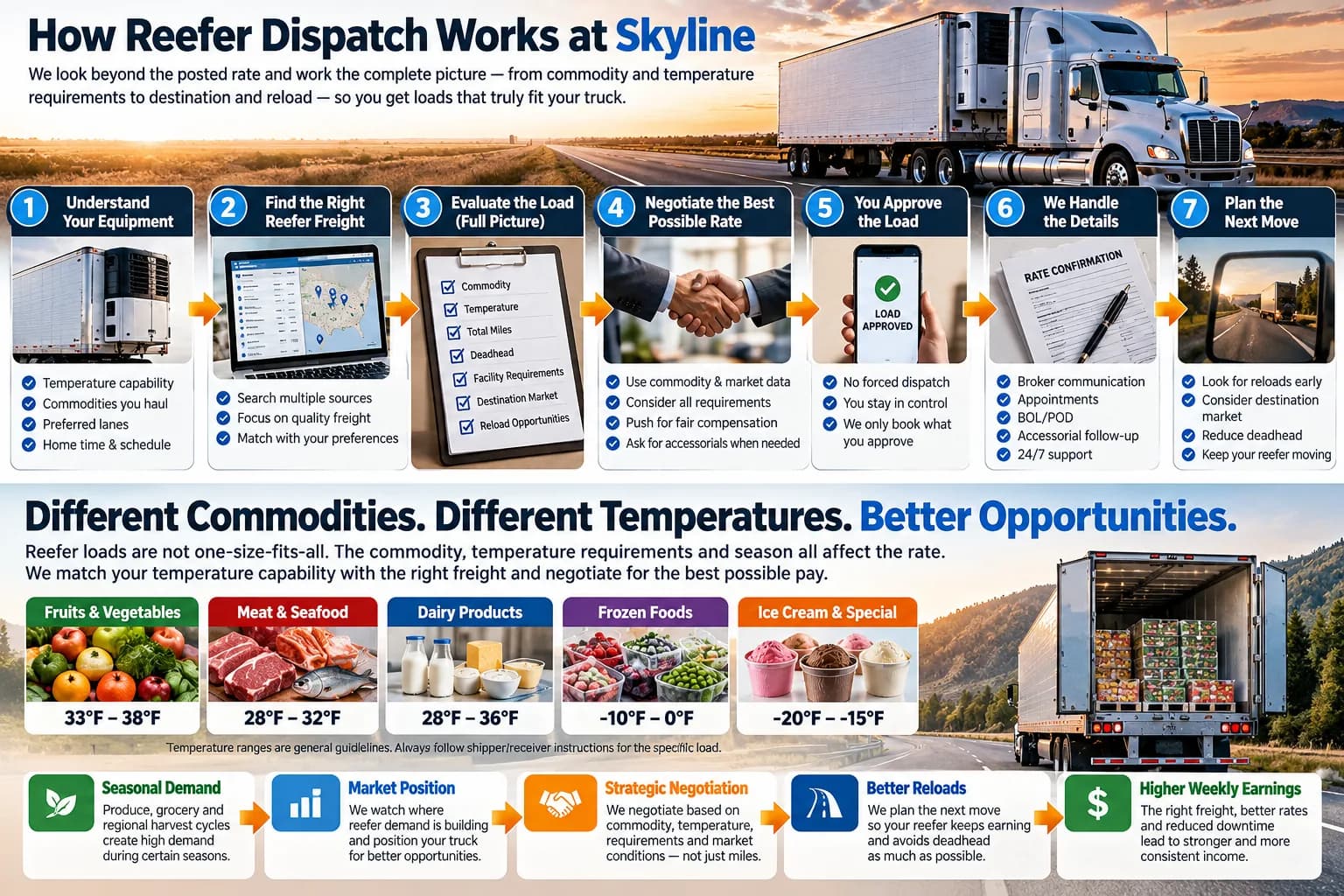 Illustrated Skyline Reefer dispatch workflow from understanding equipment through freight search, load evaluation, negotiation, carrier approval, dispatch details, and reload planning